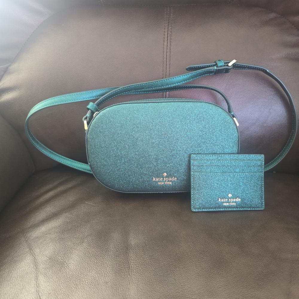 Kate Spade Glimmer Festive Teal Crossbody Bag and Cardholder Set (KE459)